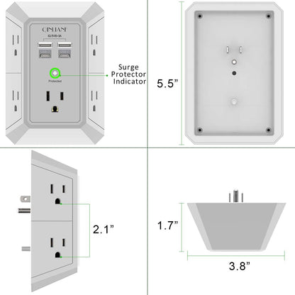 Wall Charger, Surge Protector, QINLIANF 5 Outlet Extender with 4 USB Ports