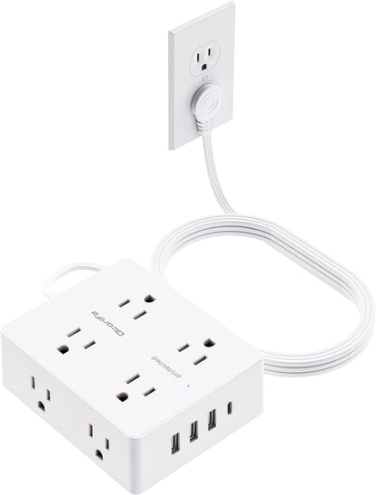 Olcorife Flat Plug Power Strip with 10 FT Extension Cord, 8 Outlets 4 USB Ports(1 USB C), 3 Sided Outlet Extender for Home Office Travel Dorm Room Essentials, White