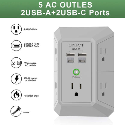 Wall Charger, Surge Protector, QINLIANF 5 Outlet Extender with 4 USB Ports